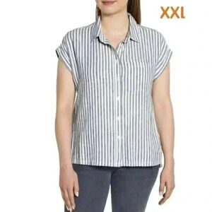 NWT Orvis Button Up Shirt Womens‎ XXL Blue White Striped Cotton Blend Casual